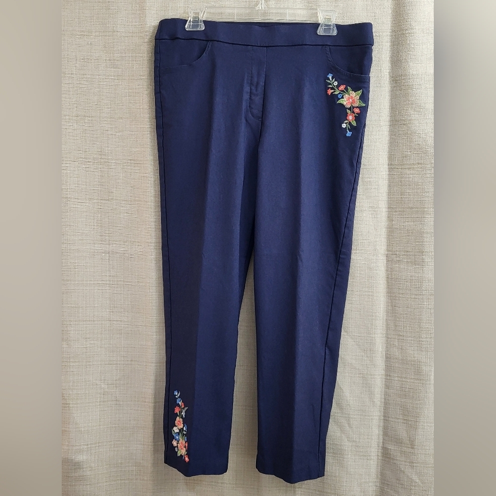 Alfred Dunner A Fresh Start Embroidered Allure Navy Pull On Ankle Pant Size 12